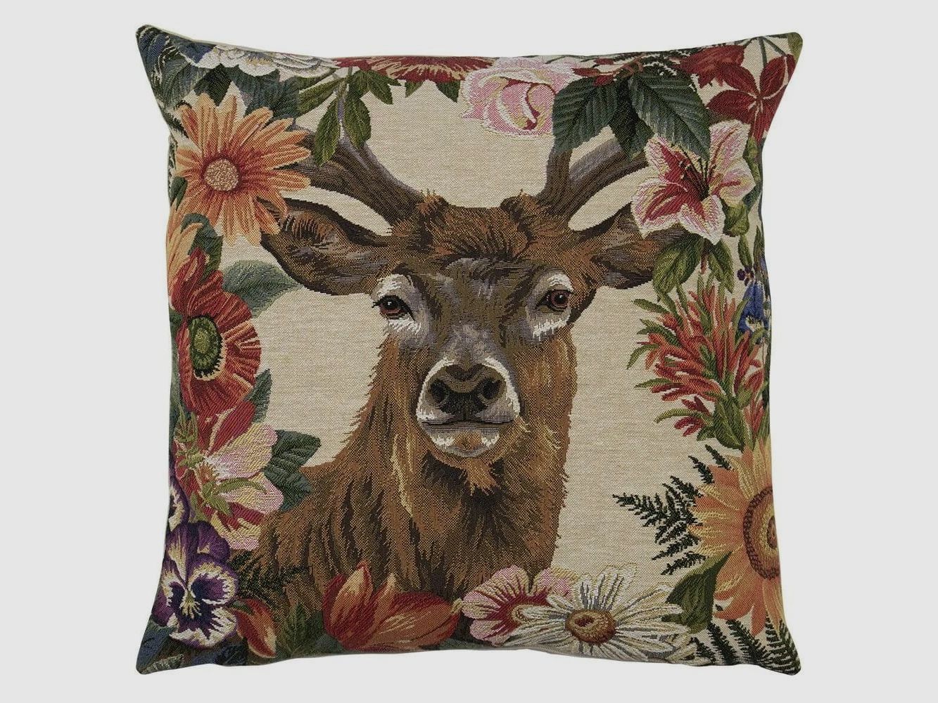 LivingActive Gobelin Coussin Fleur Cerf Rouge