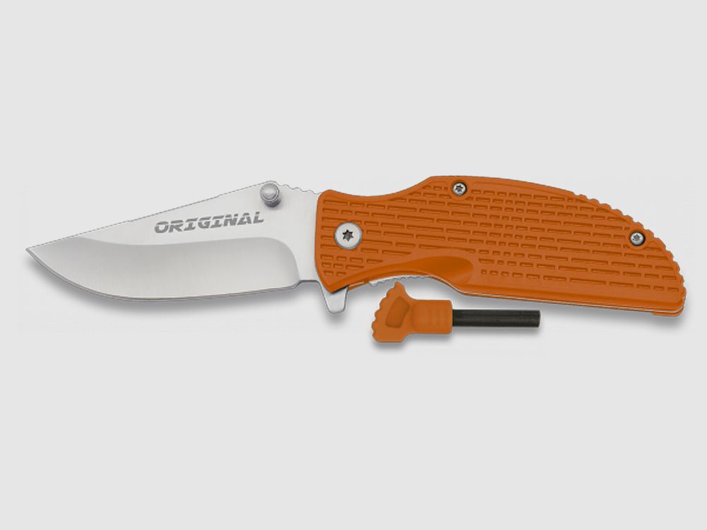 Outdoor pocket knife orange with fire starter in the handle, survival