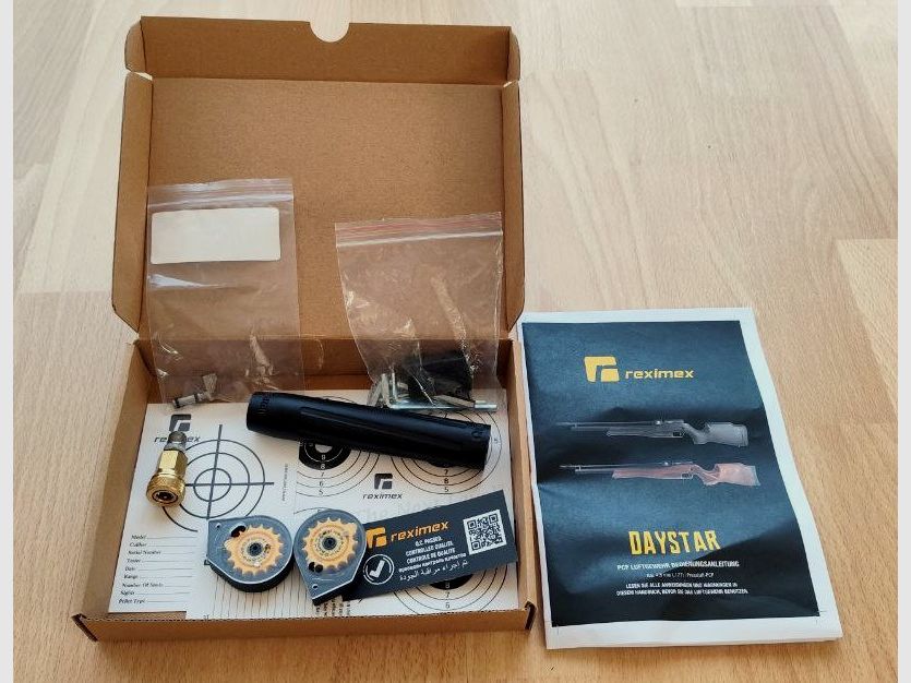 Reximex Daystar in 4,5mm mit Zielfernrohr, Zweibein, Tragegurt, zwei Magazinen und Exportkit
