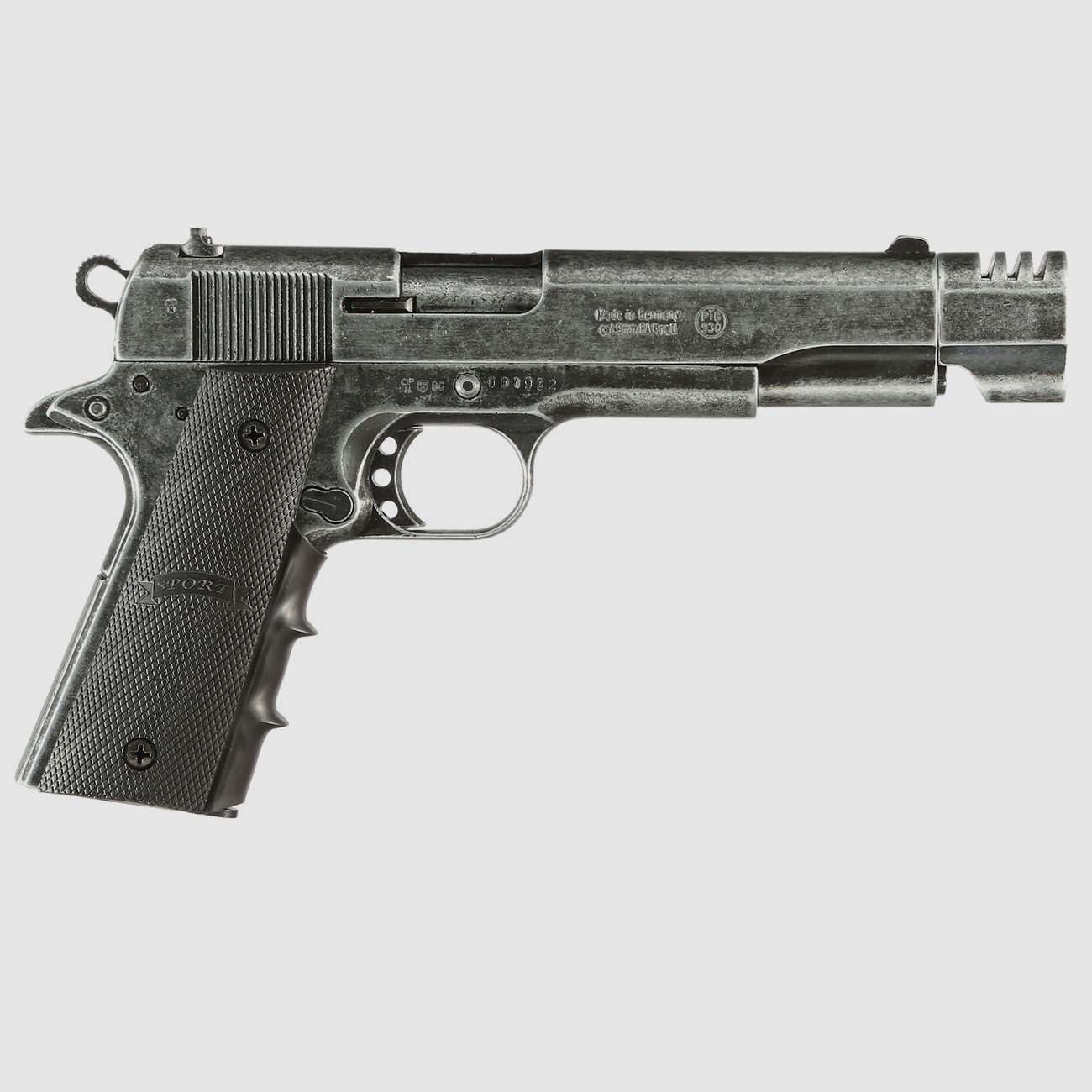 ME 1911 Model Sport, kal. 9 mm P. A. Knal, antiek-uiterlijk, houten grip