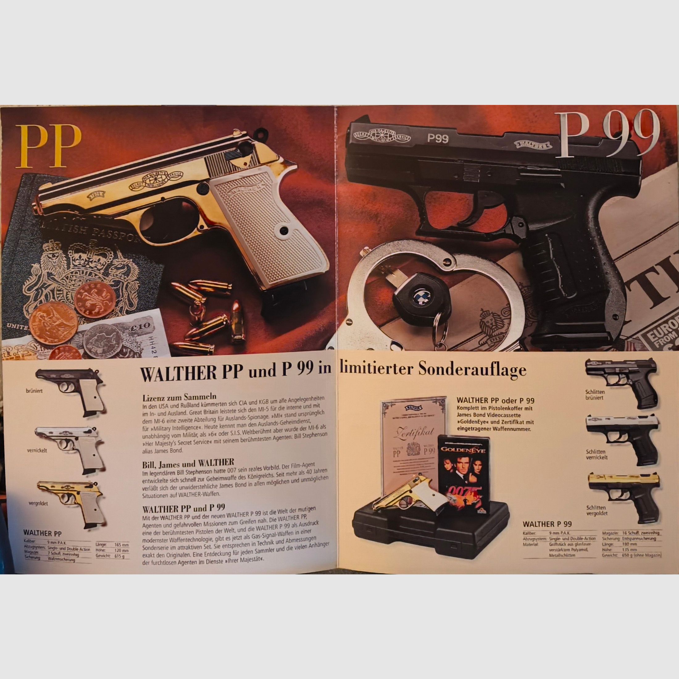 ¡Precio negociable! ⚠️ Atención fans de James Bond - ¡Rara auténtica! - Pieza de vitrina y sin disparar!!! Edición especial limitada GoldenEye de los años 90 - Walther PP dorado con empuñaduras blancas y certificado, así como cinta VHS, además de un cargador adicional con fondo plano, PTB No. 620, absolutamente como nuevo, ópticamente y funcionalmente en un estado impecable y sin disparar!! ⚠️ ¡Gastos de envío gratis!!