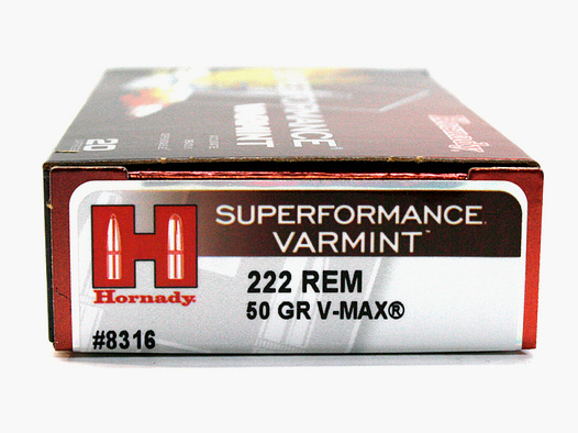 20 Schuss / Patronen HORNADY .222 REM #8316 SUPERFORMANCE 50gr 3,2g V-MAX Varmint Teilmantel JAGD