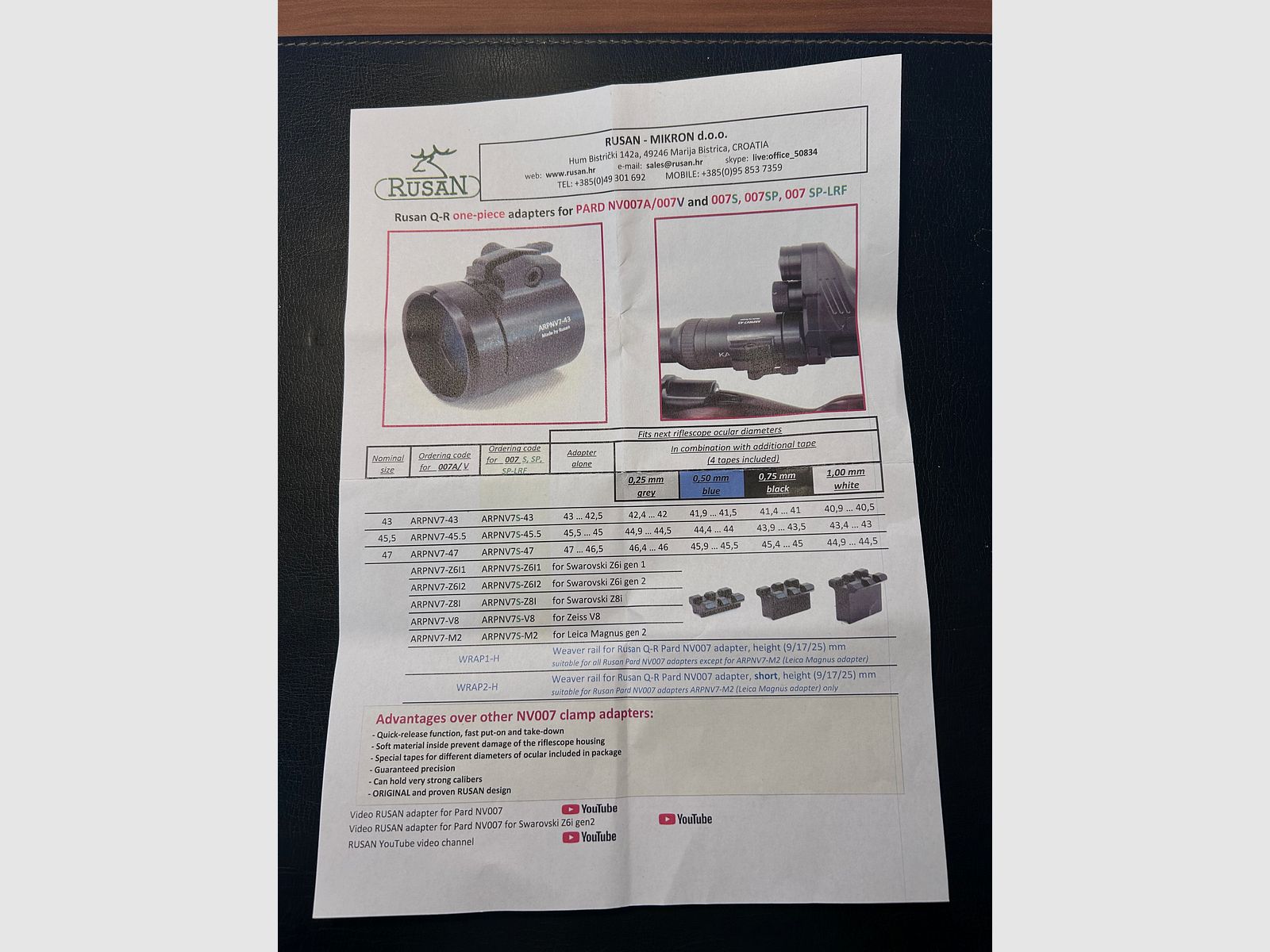 Rusan Q-R quick adapter for Swarovski Z8i, PARD NV007S/SP/SP-LFR