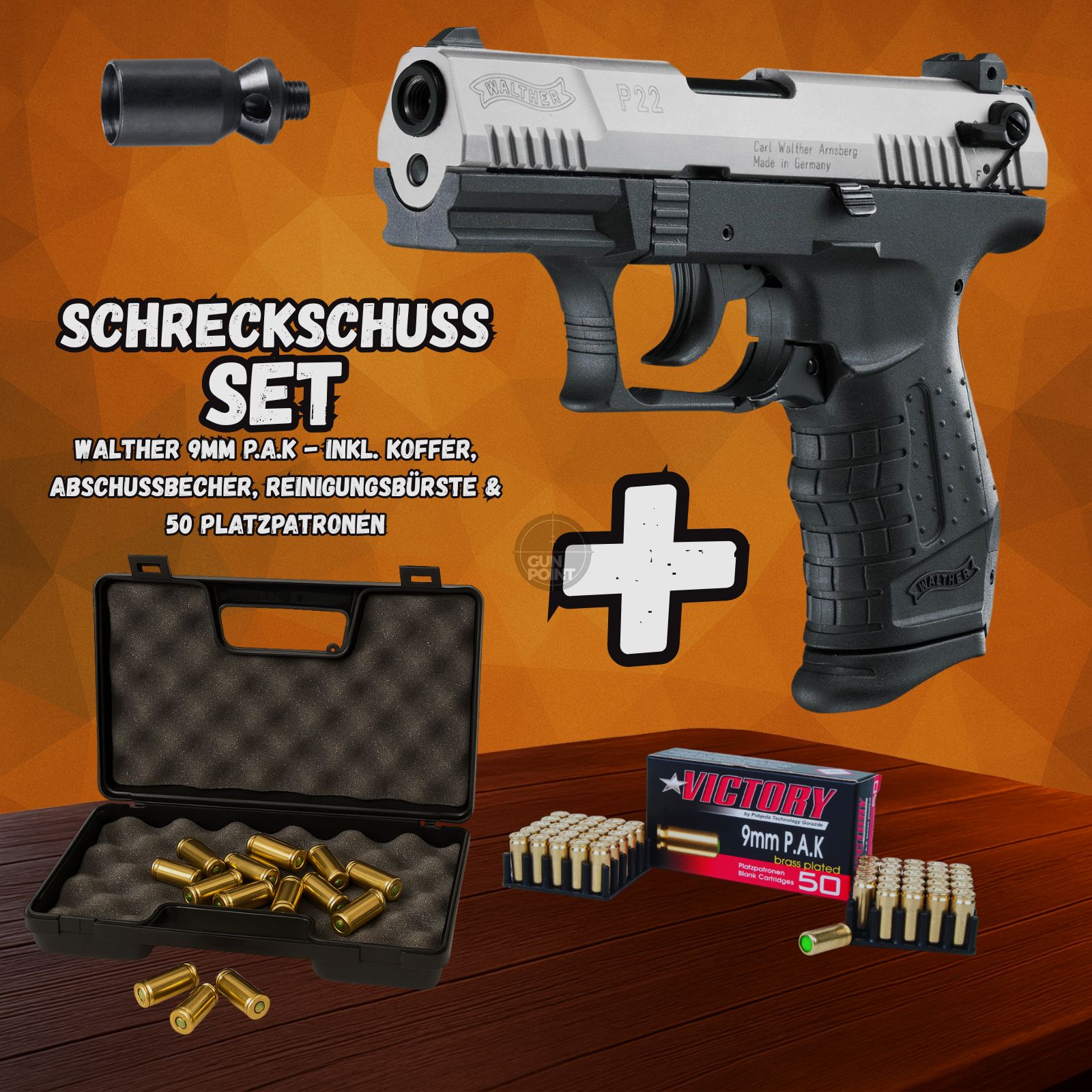 Schreckschuss SET - Gas Signal Pistole - Walther P22Q Bicolor - 9 mm P.A.K. inkl. Koffer & 50 Schuss Munition