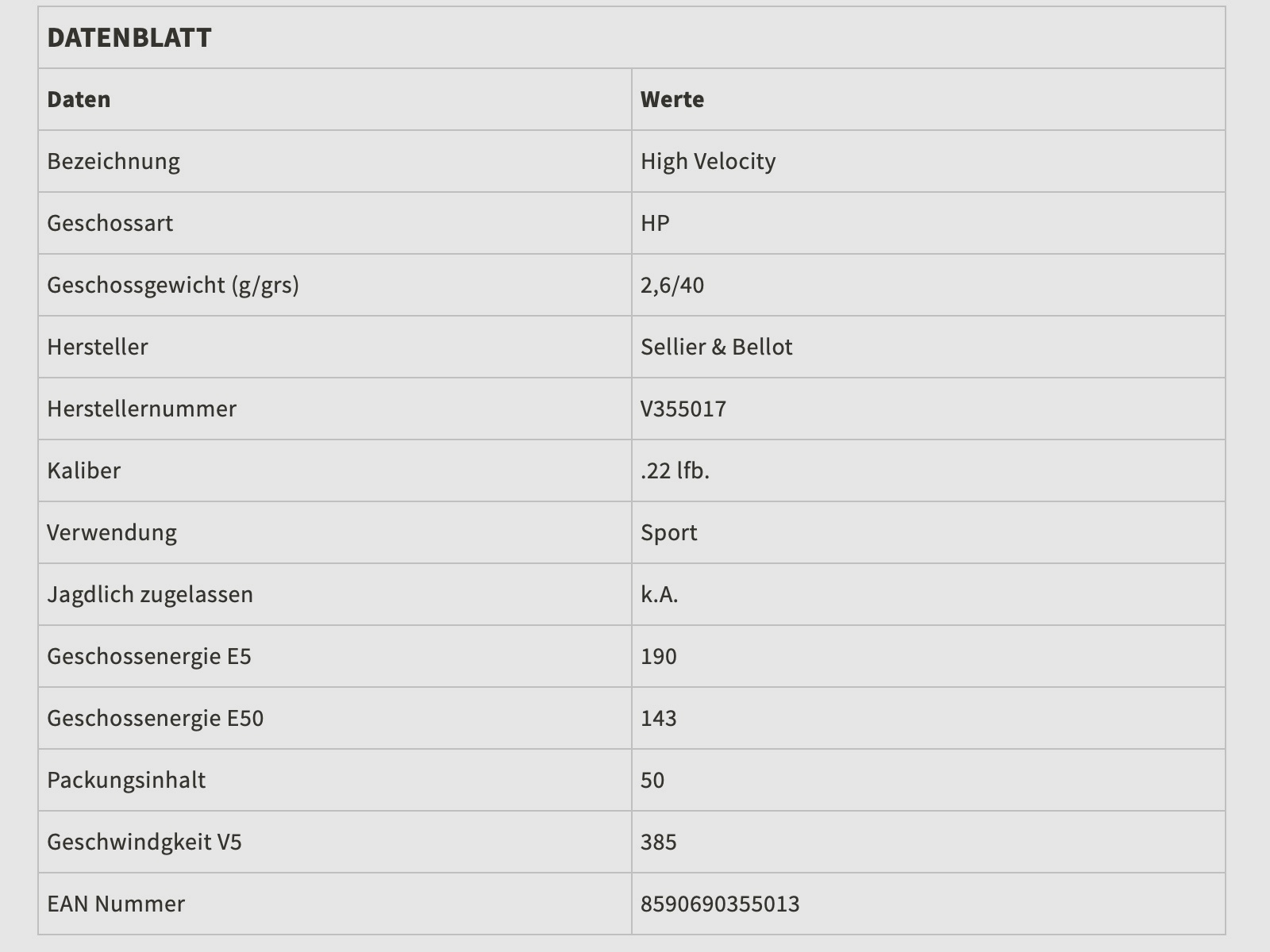 Sellier & Bellot 136562 .22lr High Velocity HP 2,60g 40grs 50 Stk.