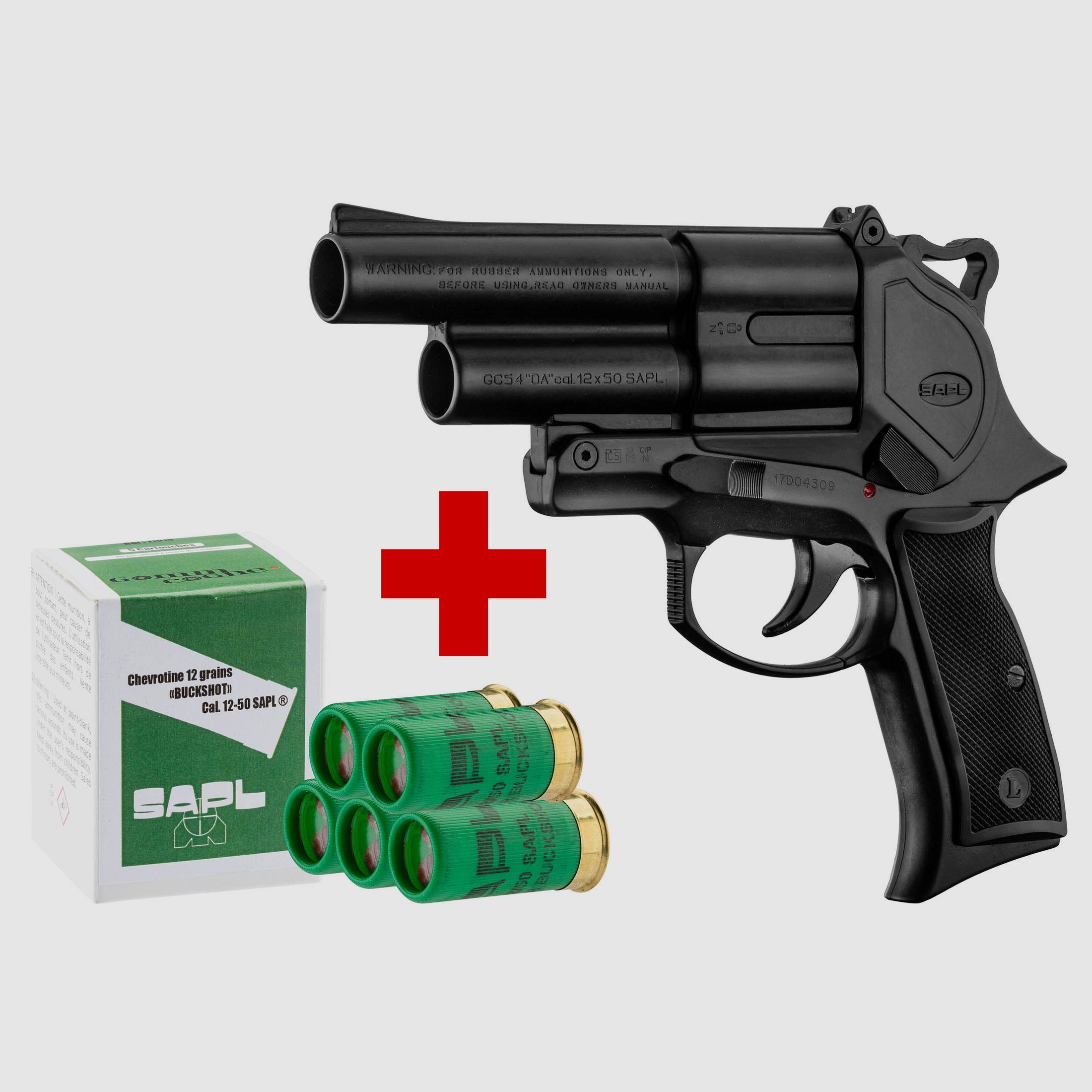 SAPL – SAPL GC54 Gomm-Cogne-Pistolenpaket, brüniert + 1 Schachtel mit 5 Patronen 12/50 SAPL Schrotladung, Bild 1 von 5