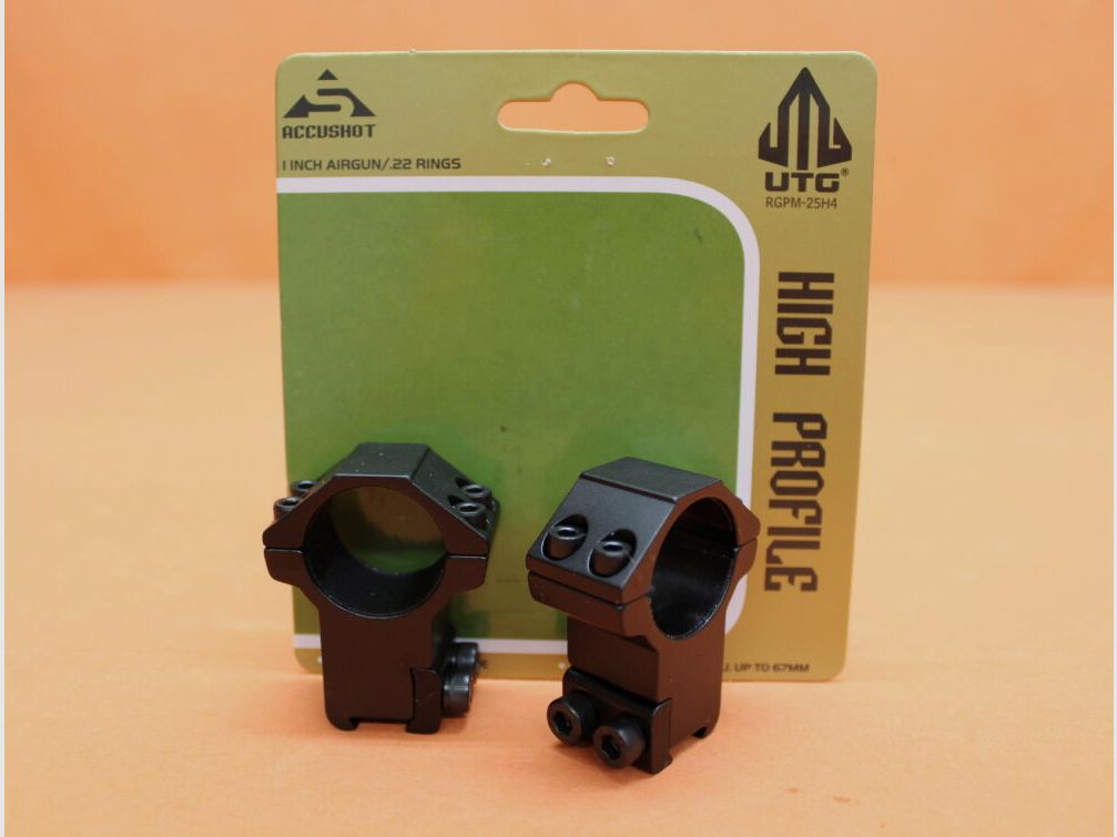 UTG - Leapers UTG Accushot anillas de montaje 1" altas (RGPM-25H4) aluminio negro mate para riel prismático de 11-13mm BH=21mm, imagen 1 de 2