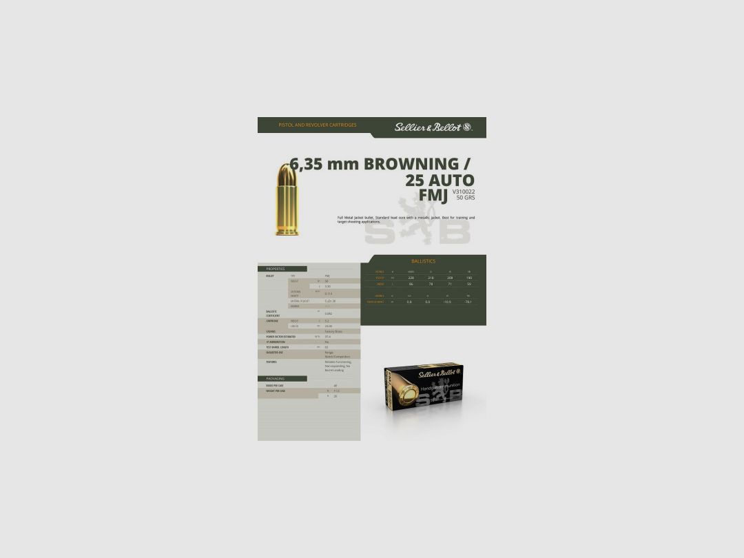 BOX MIT 50 PATRONEN SELLIER BELLOT KAL. 25ACP / 6.35BROWNING FMJ 50GR - KATEGORIE B, Bild 3 von 3