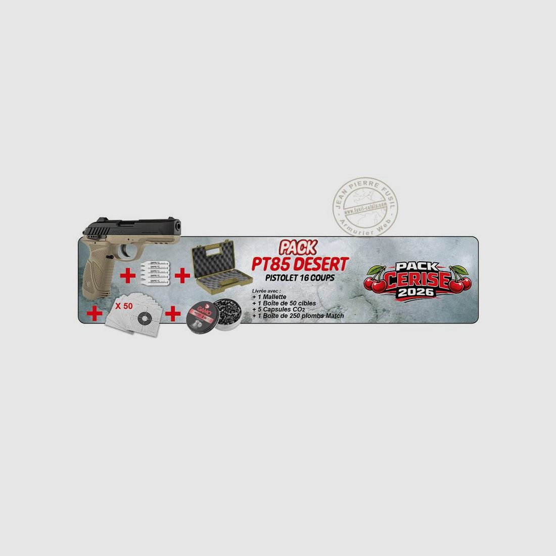 Pack Luftpistole 4,5 mm CO2 GAMO PT-85 Desert (3,90 Joule) - PACK CERISE 2026, Bild 1 von 8