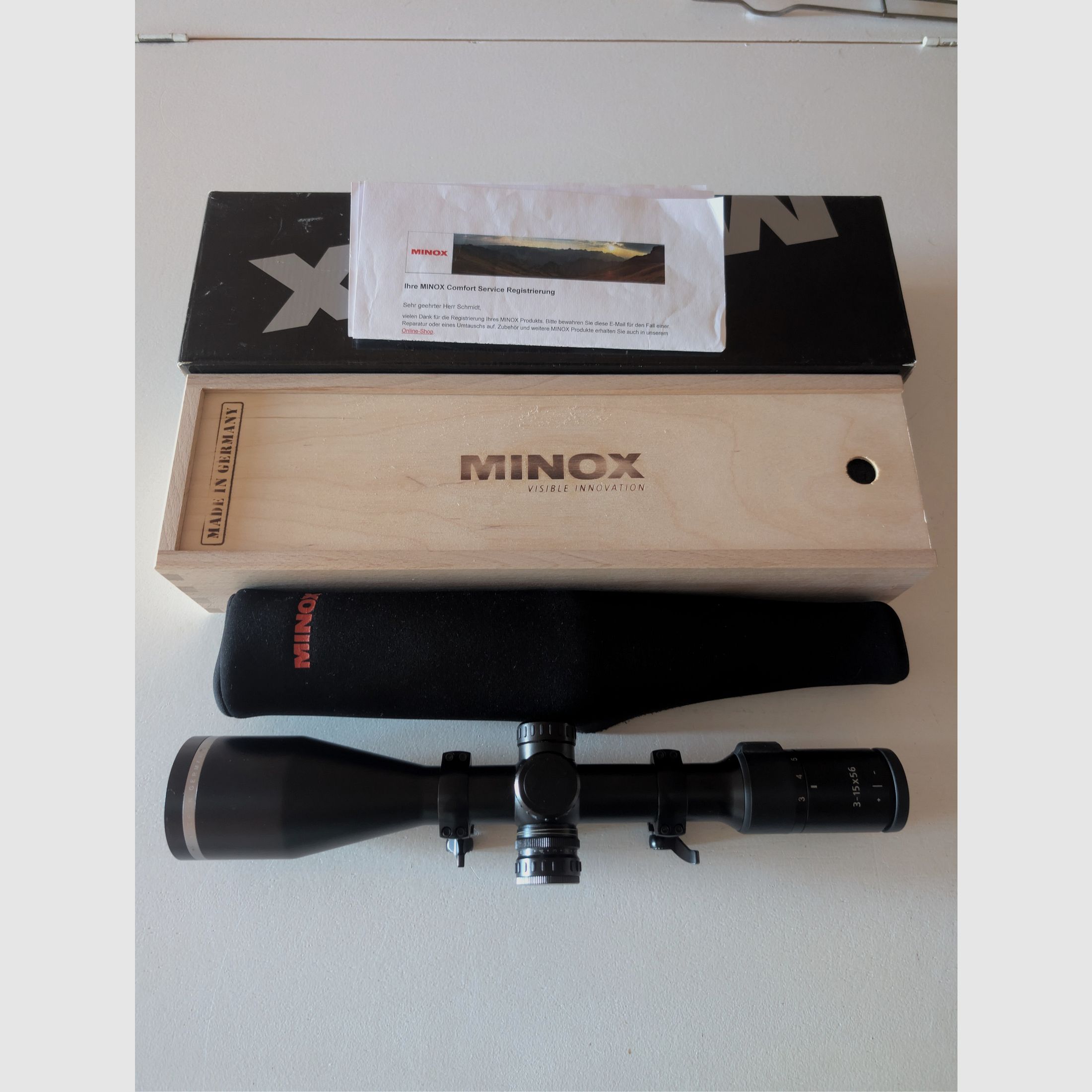 Minox ZE5i 3-15x56 with Recknagel ERA mounting rings, image 1 of 2