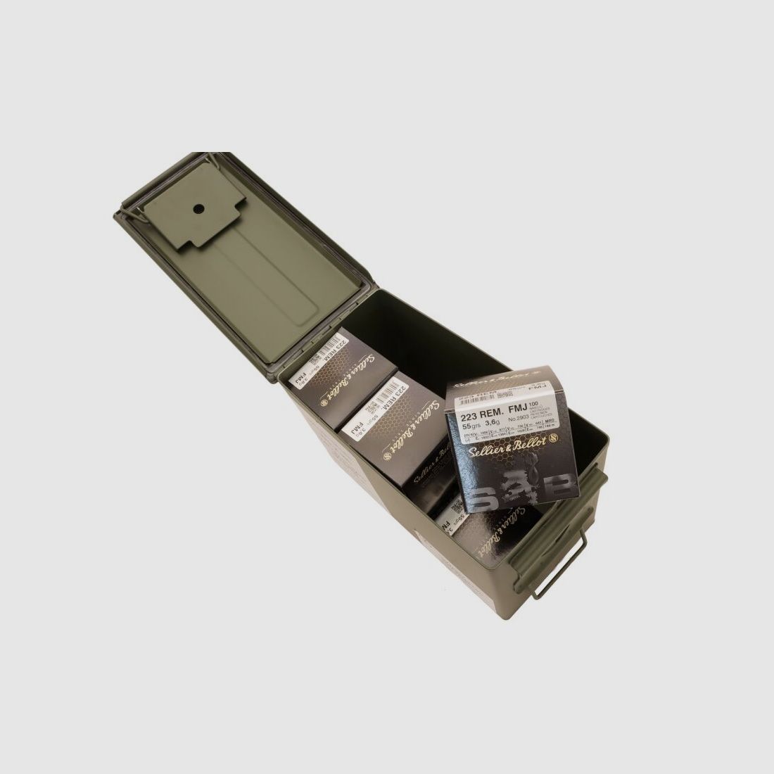 Sellier & Bellot .223 Rem. Full metal jacket BT 55 grs Sellier & Bellot en la caja de municiones