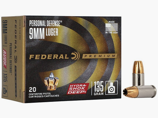 Federal Premium Personal Defense Hydra-Shok Deep 9mm Luger 135GR JHP 20 Patronen