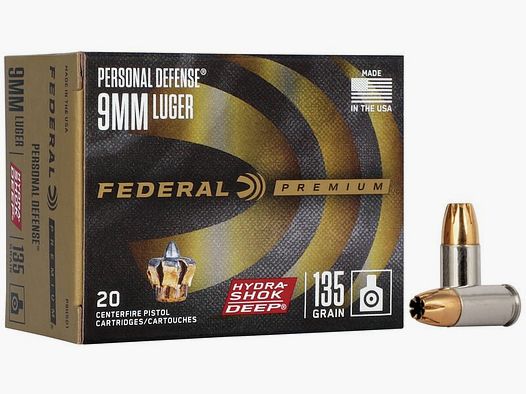 Federal Premium Personal Defense Hydra-Shok Deep 9mm Luger 135GR JHP 20 cartouches