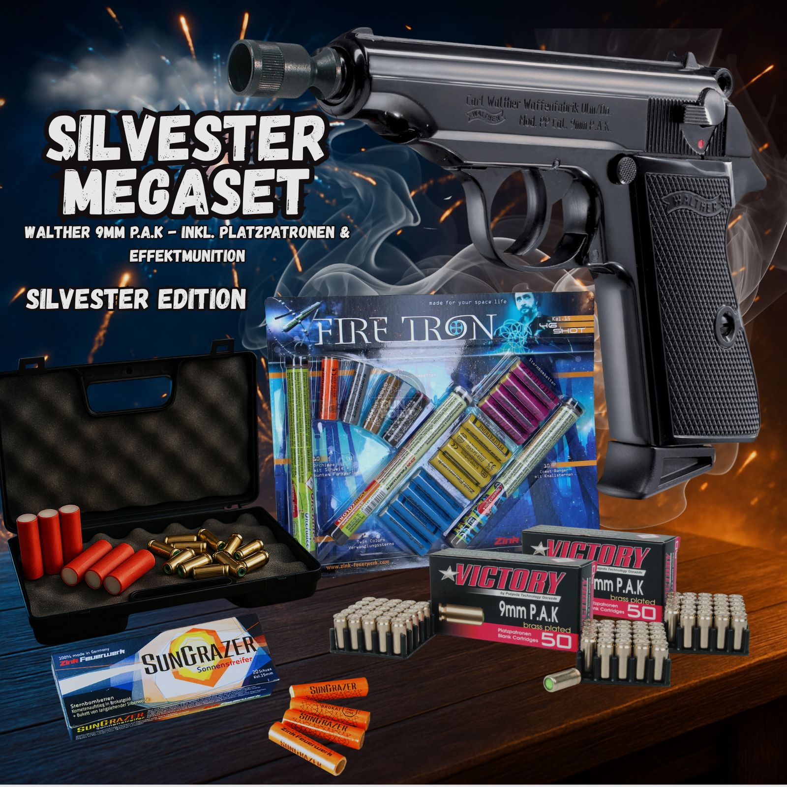 SILVESTER MEGASET !!! Schreckschuss - Pistole - Walther PP - 9 mm P.A.K. inkl. Koffer, 100 Platzpatronen & 66 Schuss Effektmunition