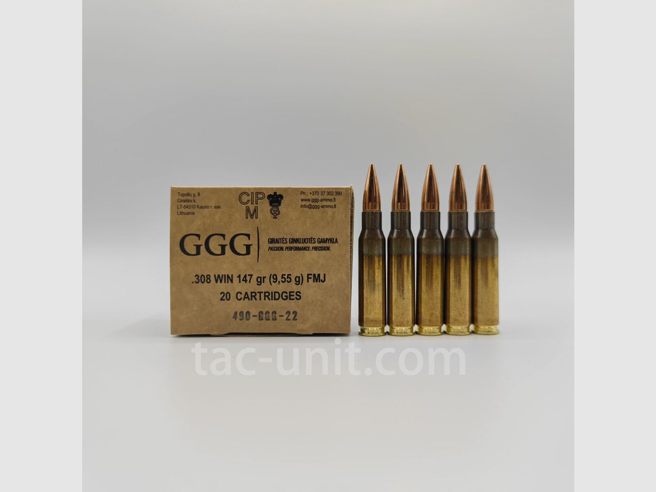 GGG .308Win FMJ rifle cartridges 147grs