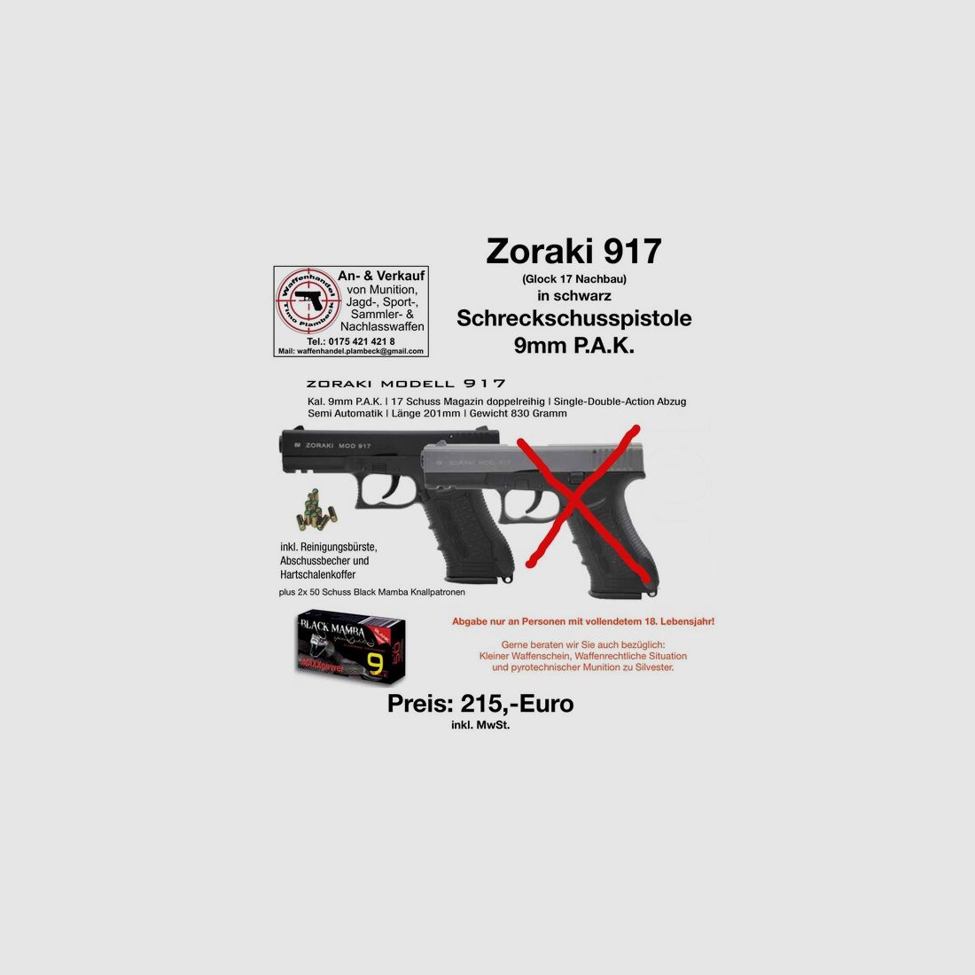 ZORAKI Model 917 schwarz im Kaliber 9mm P.A.K. mit 100 Schuss Black Mamba Knallpatronen