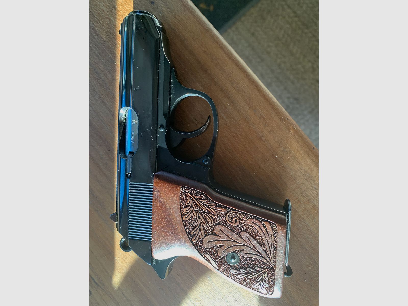 Walther PPK 7.65 with wooden grip and hunting motifs