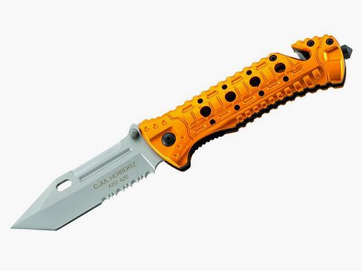 Cuchillo de rescate, tanto, cortador de cinturón parcialmente dentado, rompevidrios, mango de aluminio