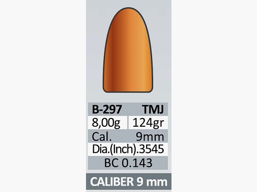 100 Stück PPU | PrviPartizan Kurzwaffen Geschosse #B-297 | CAL 9MM - .3545 - 124grs / 8g TMJ indoor