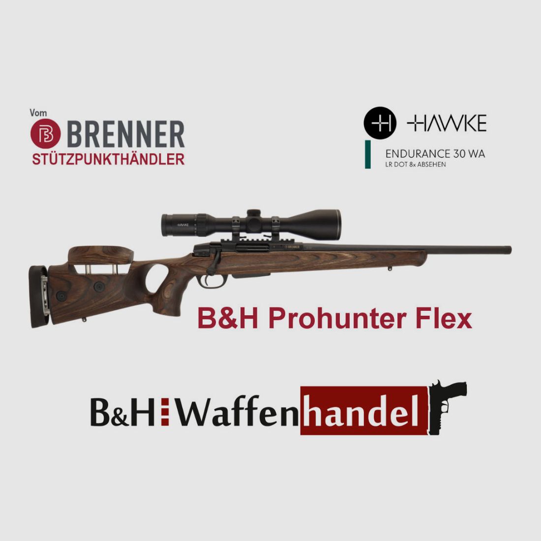 Brenner Komplettpaket: BR20 B&H Prohunter Flex Lochschaft mit Hawke Endurance 3-12x56 fertig montiert