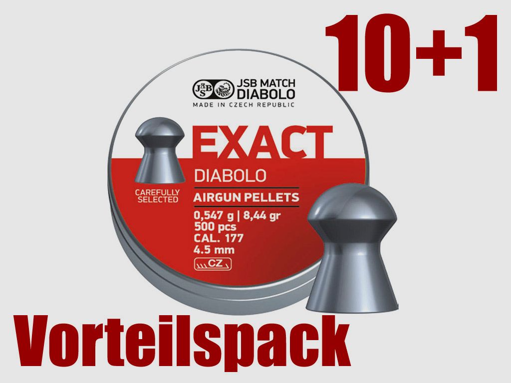 10+1 GRATIS x 500 StĂĽck JSB Exact Diabolo, Rundkopf, glatt, Field Target, 0,547 g, Kaliber 4,51 mm