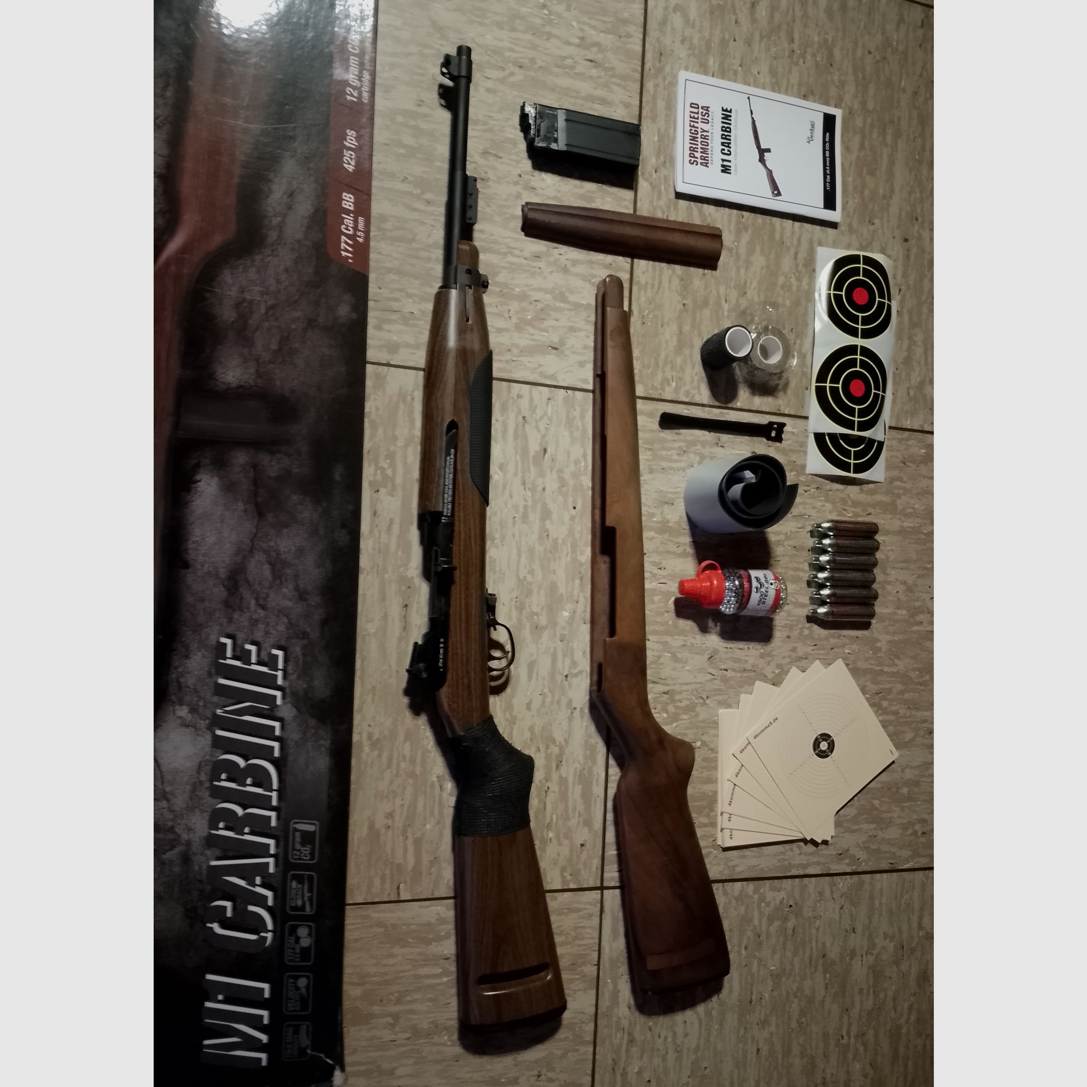  fucile ad aria compressa co2 m1 carbine Springfield 4,5mm .177 + accessori calcio in legno bersagli pallini in acciaio bb's set calcio in legno 30m1 