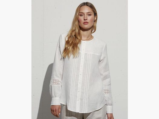 Wallmann Blusa di Lino Ricamata in Bianco