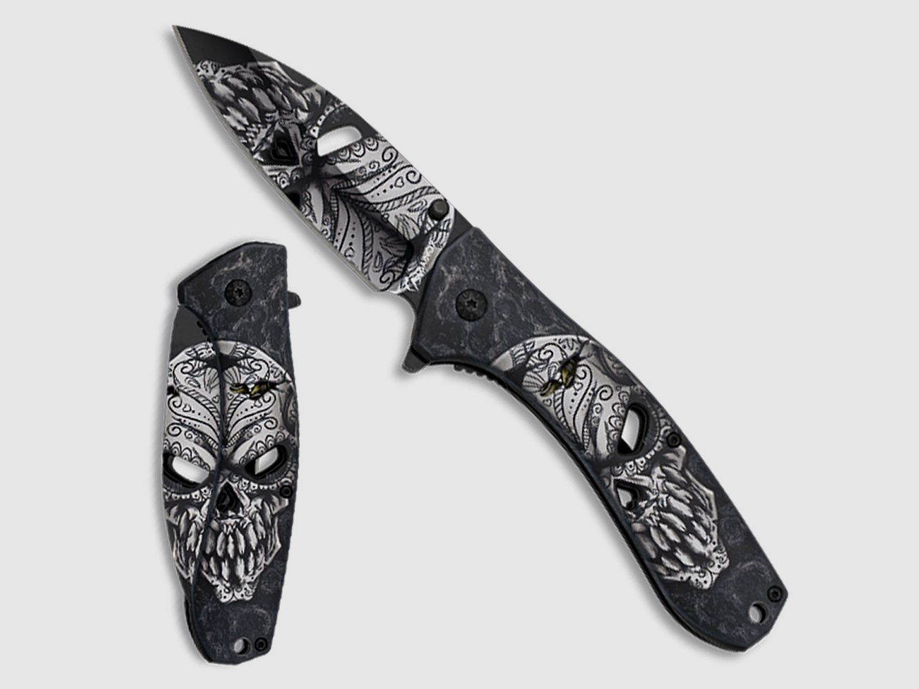 Federunterstütztes Taschenmesser Skull - mit Gürtelclip