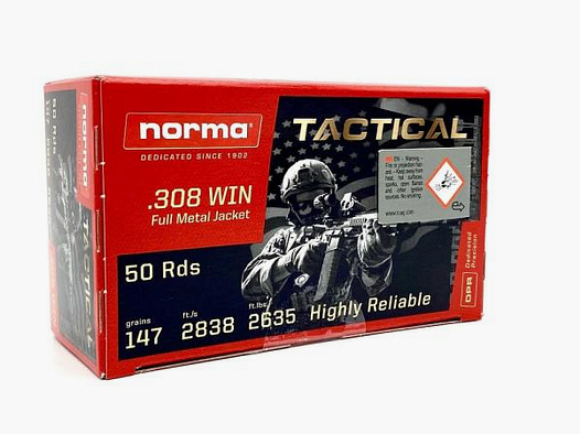 NORMA Kugelpatronen .308Win Tactical 9,5g/147grs 50 Stk SONDERPREIS ab 0,96/Stk