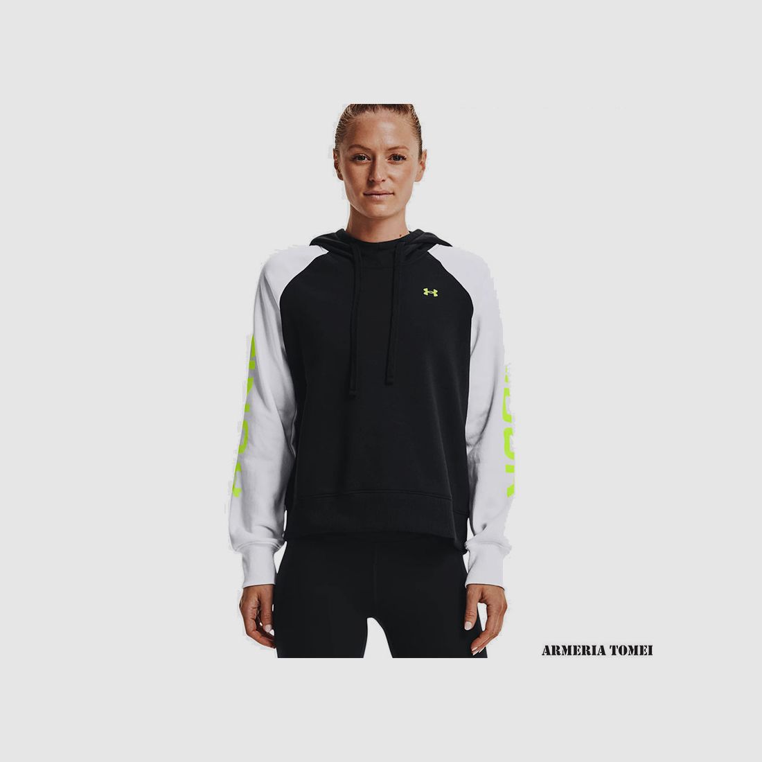 UNDER ARMOUR – DAMY – RIVAL FLEECE CB HOODIE Czarny/Biały/Żółty, zdjęcie 3 z 4