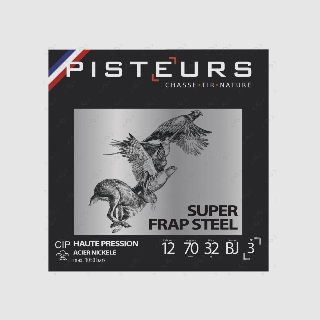 Cartuchos de perdigones de acero niquelado PISTEURS SUPER FRAP STEEL calibre 12/70