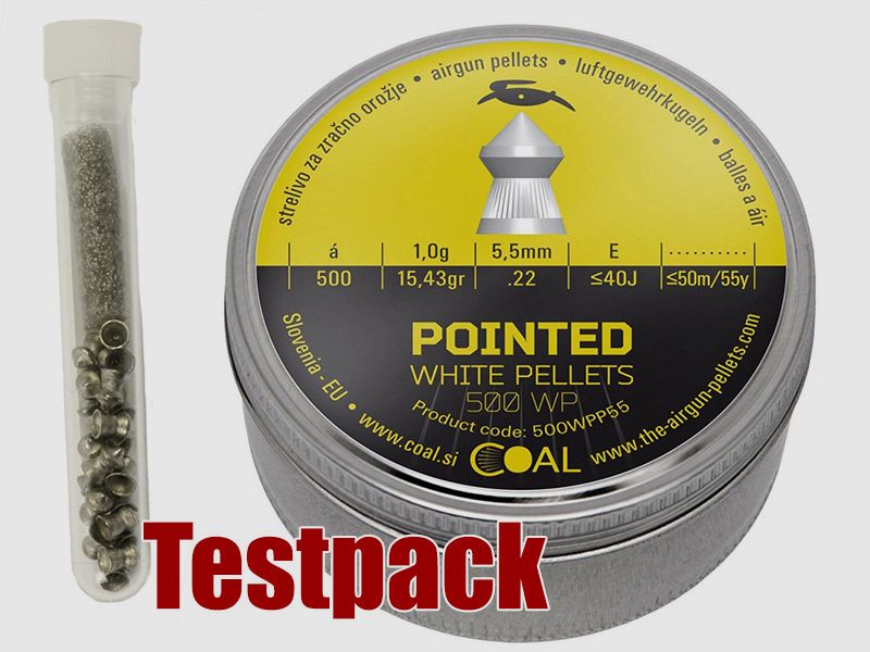 Testpack - Coal White Pellets Pointed Diabolo, Spitzkopf, geriffelt, 1,00 g, Kaliber 5,5 mm, 20 StĂĽck