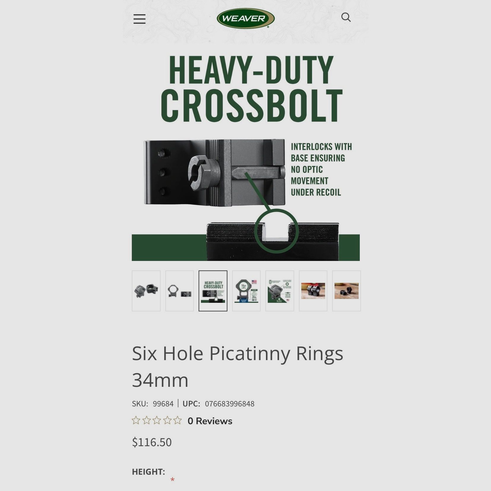 Weaver Tactical 6-Hole Picatinny Ring 34 mm High