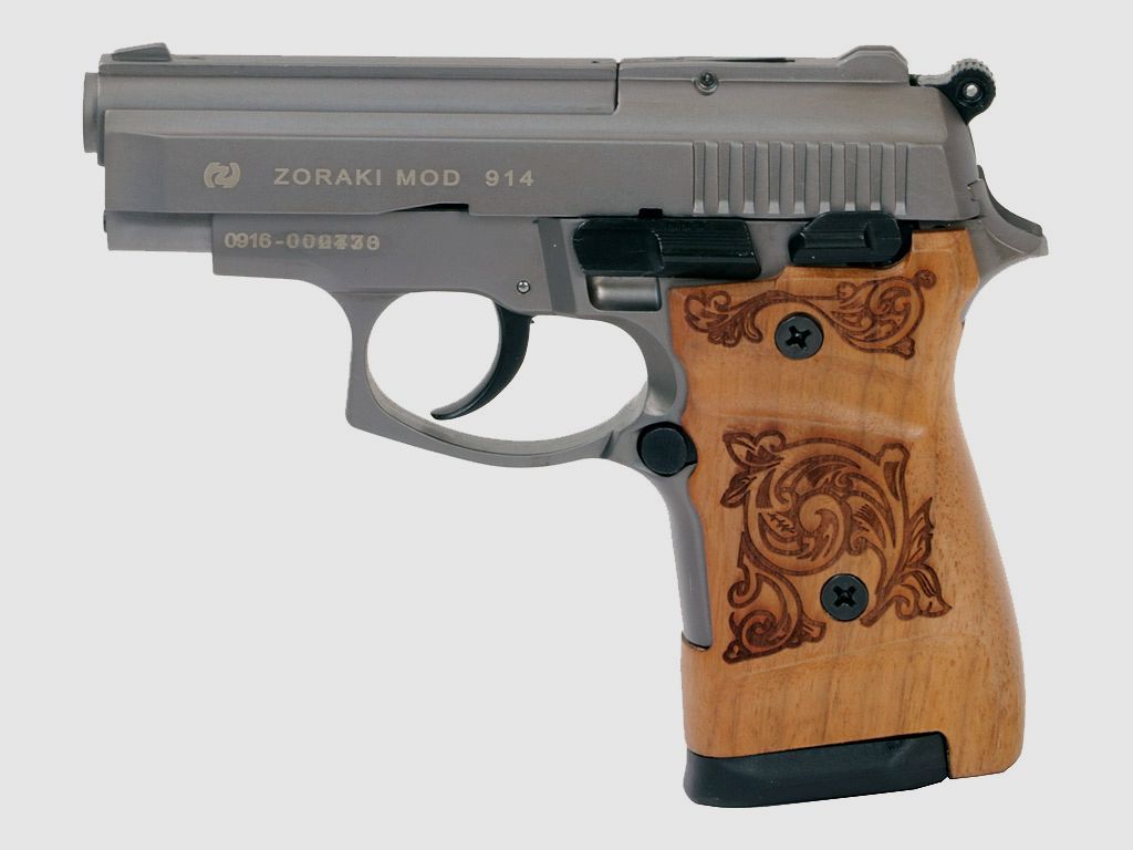 Holzgriffschale fĂĽr Schreckschuss-, Gas-, Signalpistole Zoraki 914 Gravur