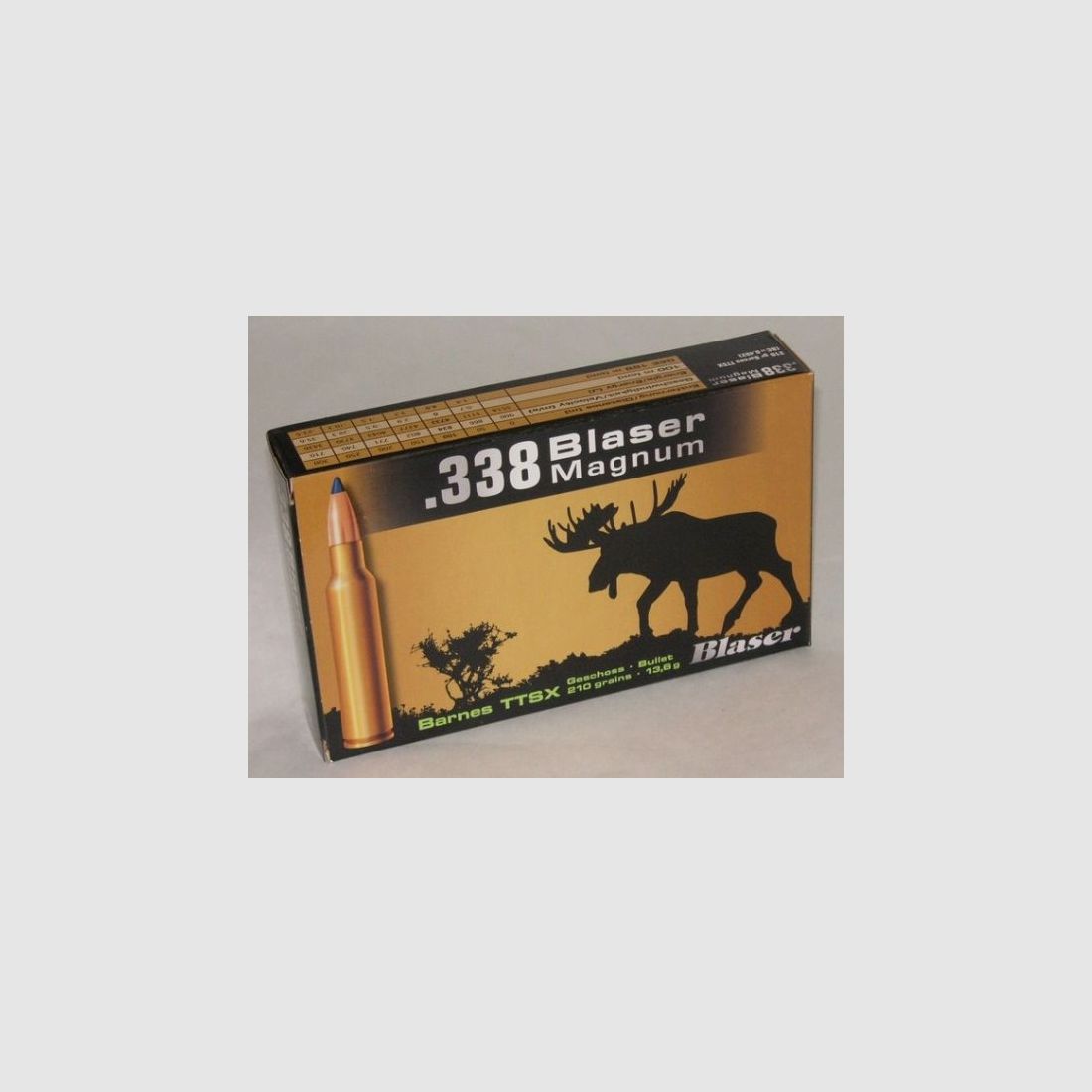 Büchsenpatronen Blaser .338 Blaser Magnum Barnes TTSX 13,6g. 210gr. Bleifrei!!!
