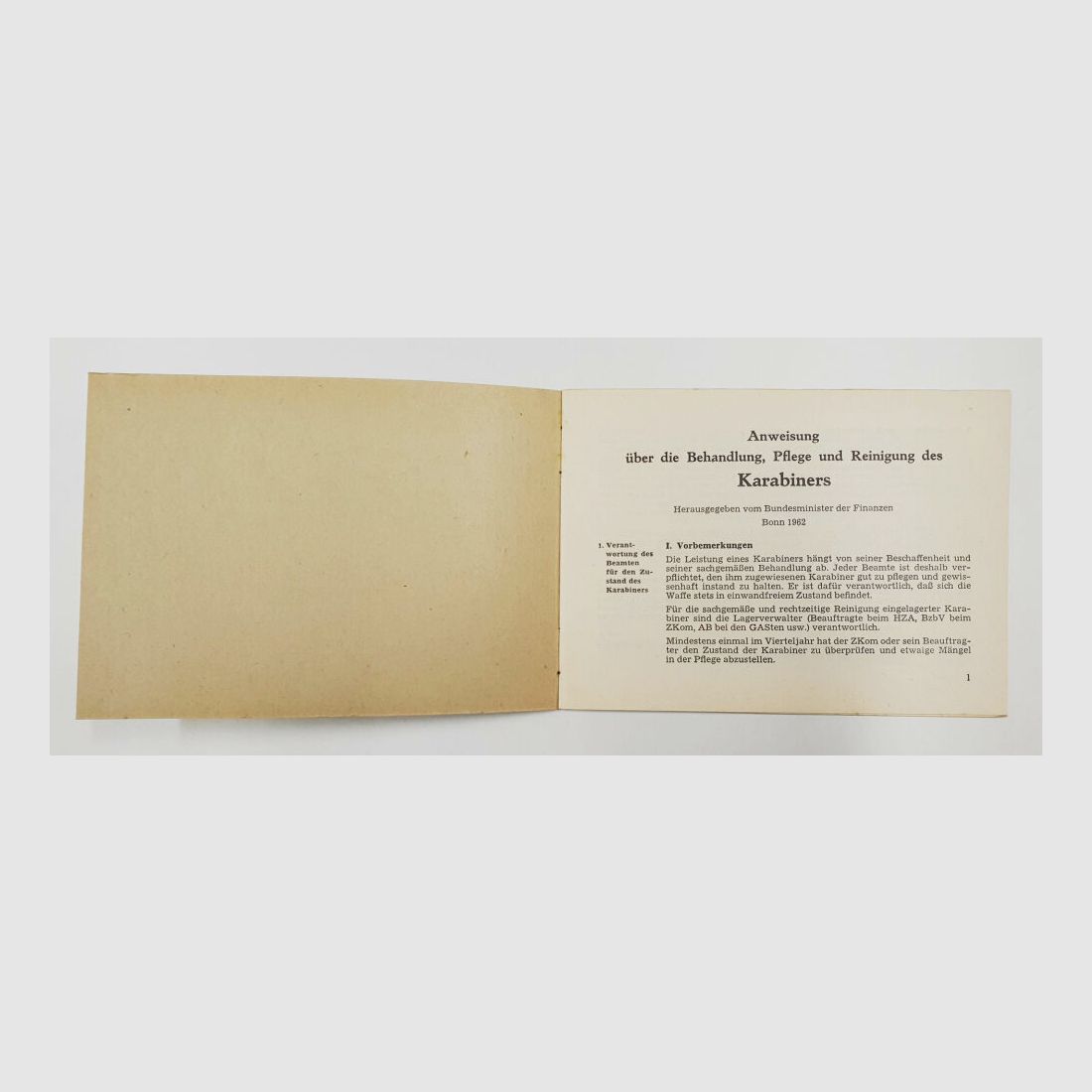 Heym Anweisung Heym Zollkarabiner ZK 52 Behandlung Pflege Reinigung Bundesministerium Finanzen Bonn 1962