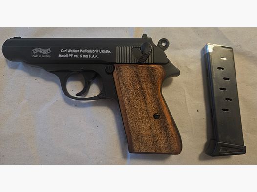 Walther PP Schreckschuss Pistole Kal. 9mm P.A.K. schwarz brüniert braune Griffschalen