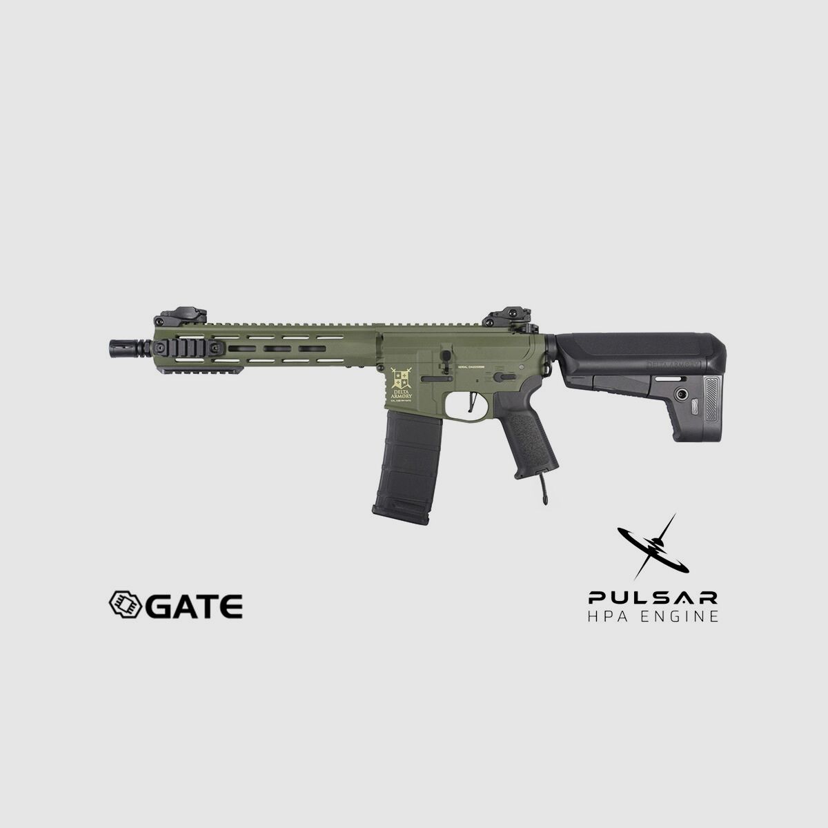 Delta Armory M4 AR15 M-LOK 10 Zoll CHARLIE GATE PULSAR HPA Airsoft Gewehr in Oliv