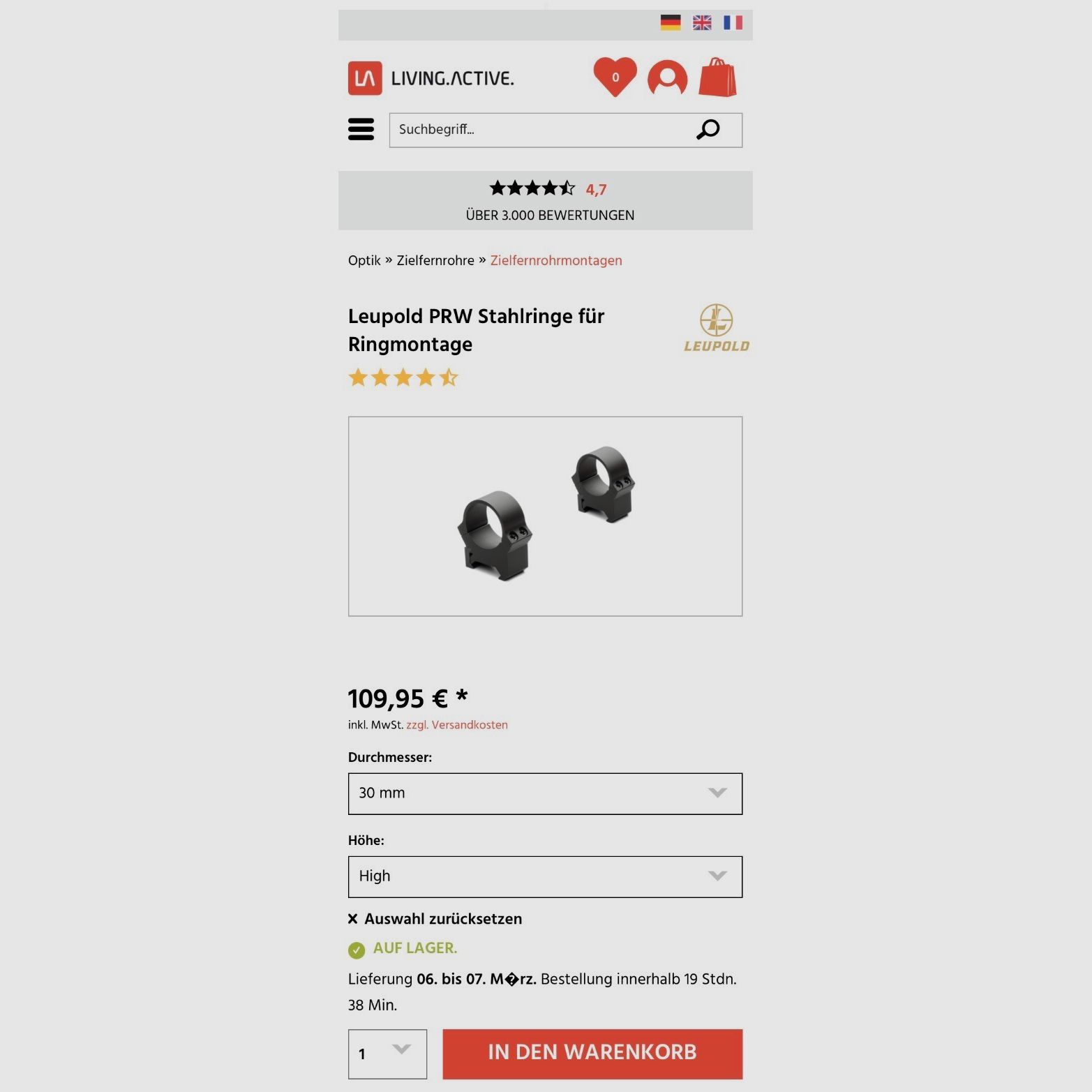 Leupold  Picatinny ANILLOS 30mm Alto (H=12,18mm) Acero, Mate