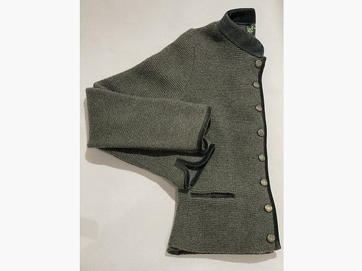 Damen Strickjacke aus Merinowolle mit Stehkragen aus Samt und mit Schößchen in Oliv