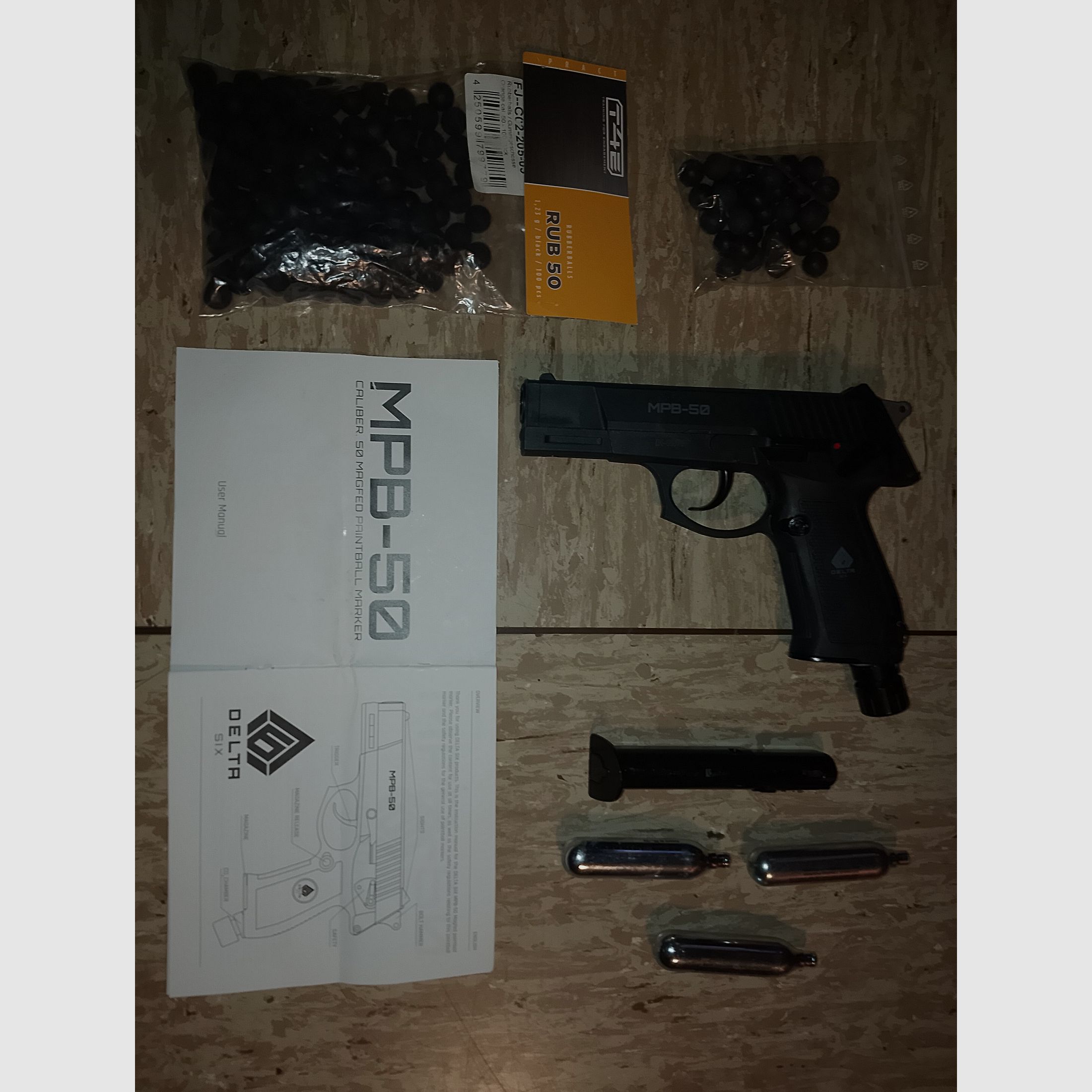 Delta Six MPB-50 CO2 pistol RAM marker cal .50 paintball gun with accessories rubber balls steel core balls 2nd magazine new!