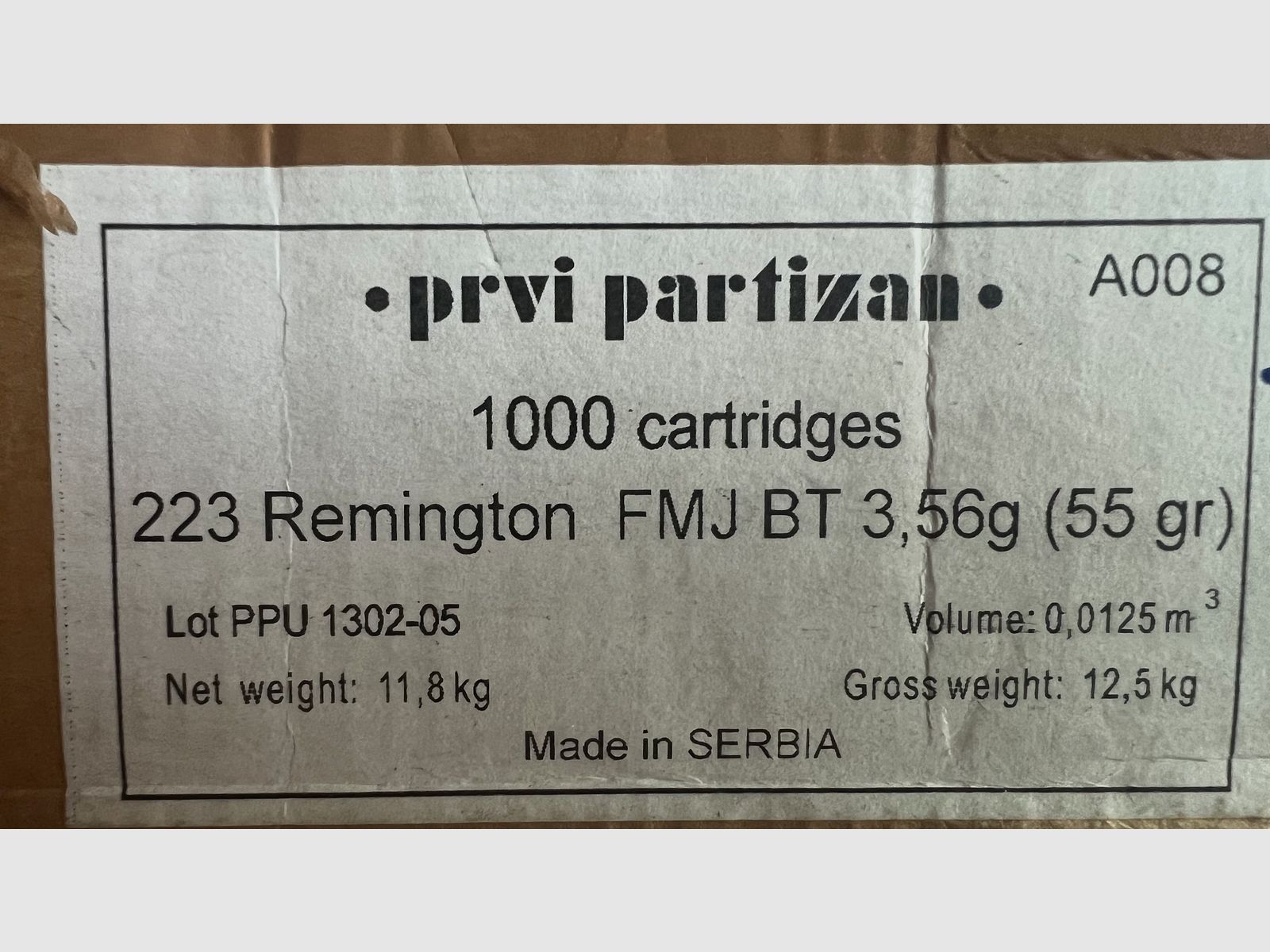 Prvi Partizan (PPU) .223 Rem FMJ BT 55 gr – 780 disparos – Nuevo