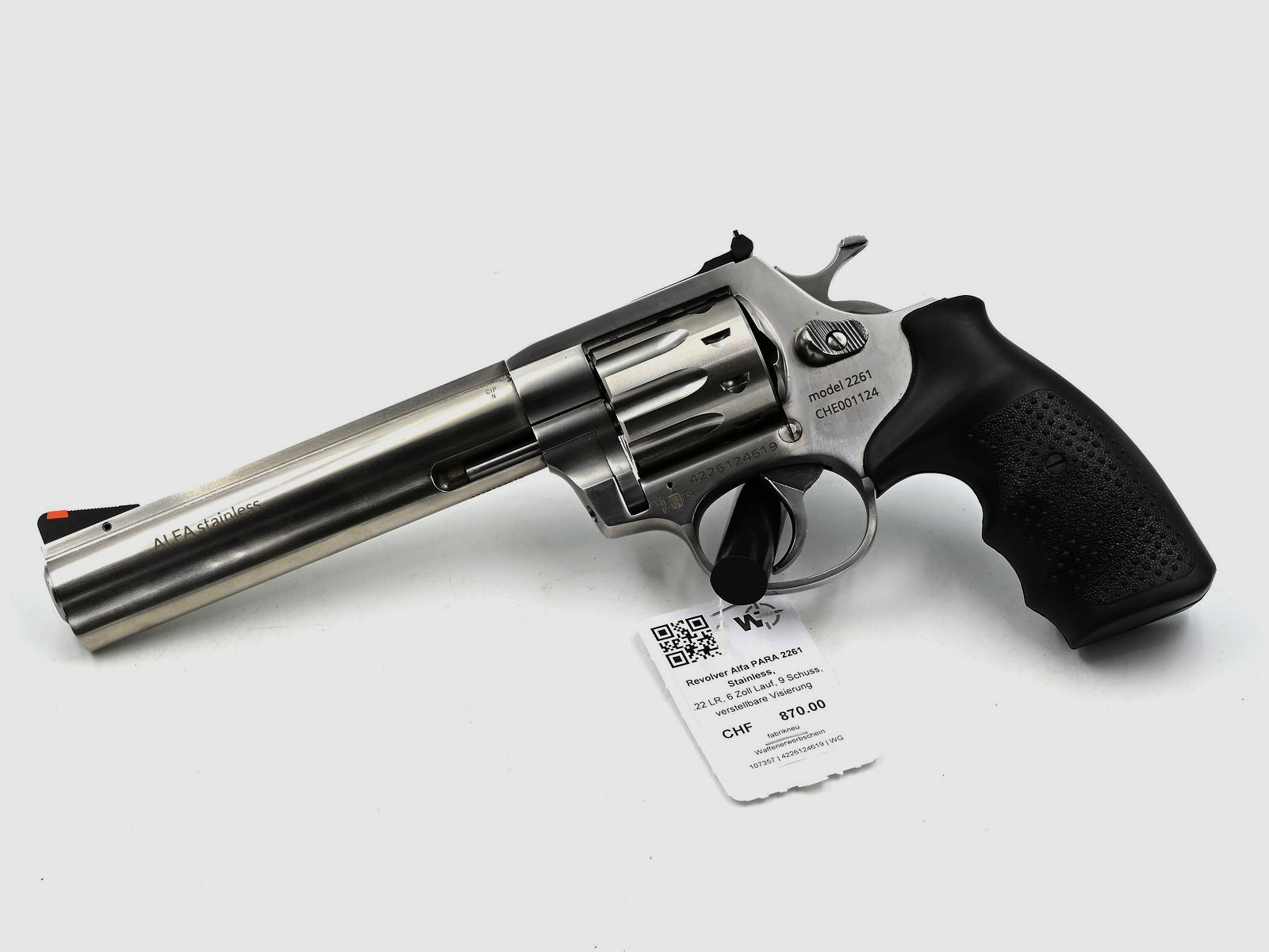 Revólver Alfa PARA 2261, Acero inoxidable, .22 LR, cañón de 6", 9 disparos, miras ajustables, imagen 1 de 2