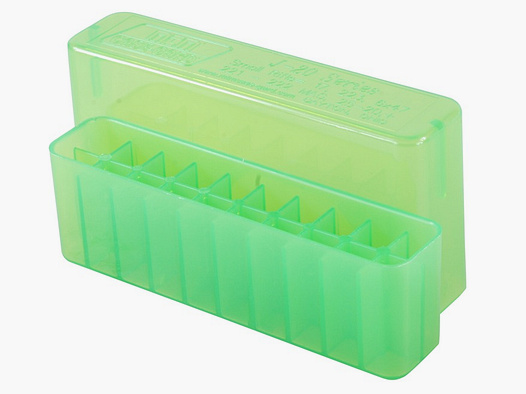 MTM scatola per cartucce J-20-XS-16 verde trasparente con coperchio per 20 cartucce .17 e inferiori.