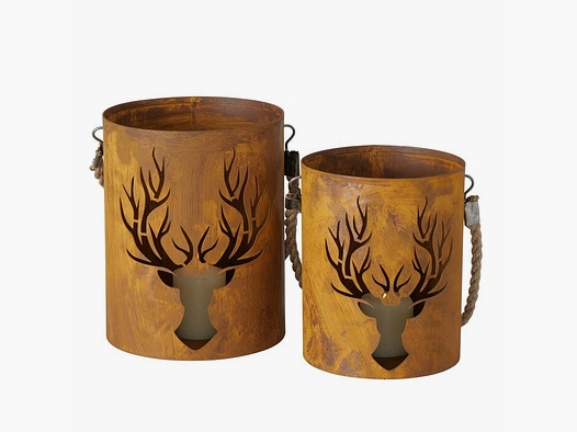 Lovergreen decoration motif set with 2 rusty deer lanterns - refined iron rust