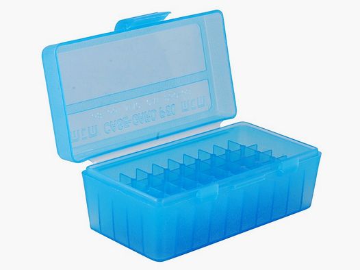 MTM cartridge box P50-38-24 blue clear with flip lid for 50 cartridges .38 Spec. and others.