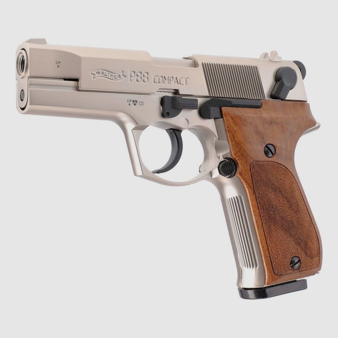 Walther P88 pistolet à blanc 9 mm P.A.K., finition nickel, avec plaquettes en bois