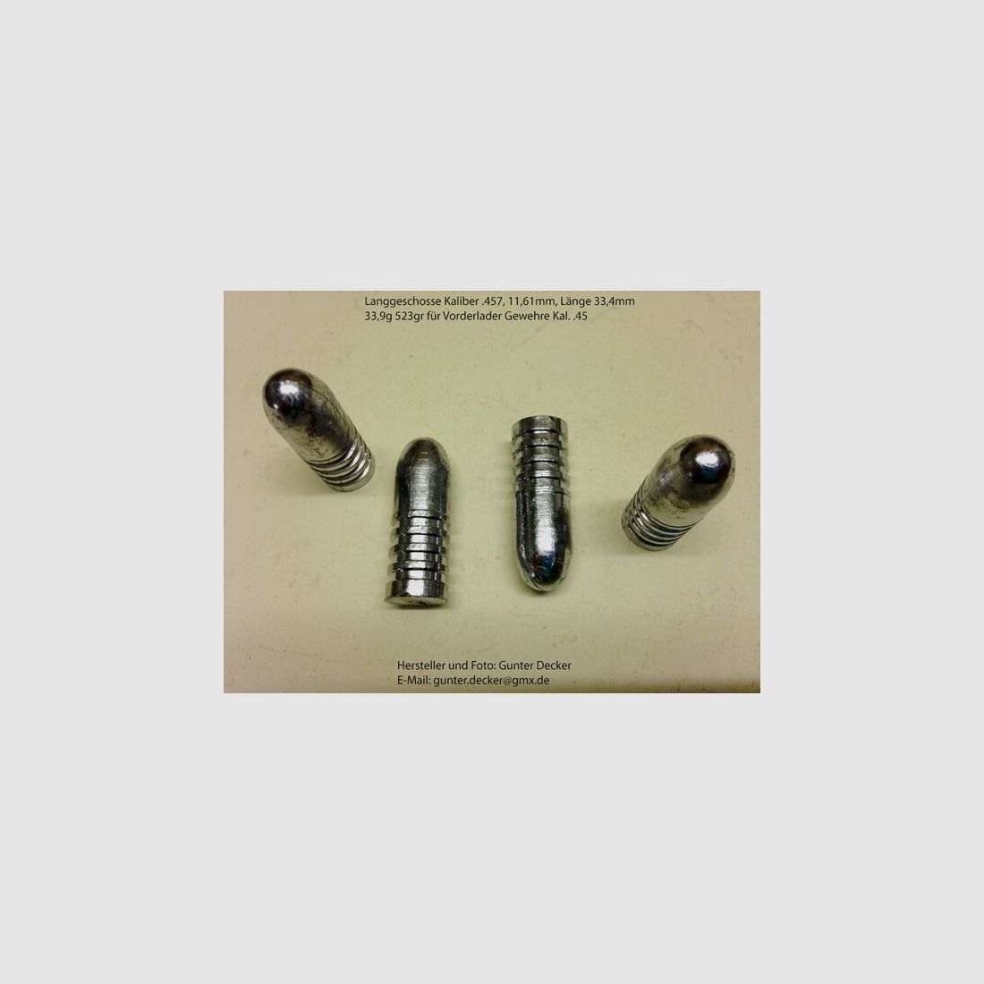 Langgeschosse Kaliber .457 11,61mm Länge 33,4mm 33,9g 523gr 4 Fettrillen für Vorderlader Gewehre .45
