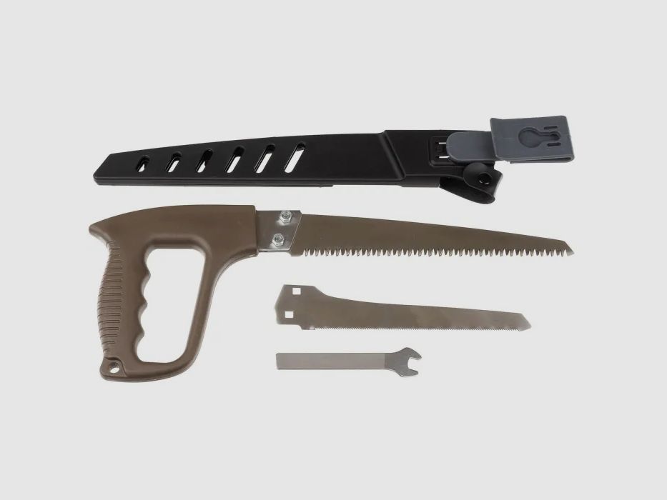 Hand saw with 2 saw blades + sheath with belt clip + wrench