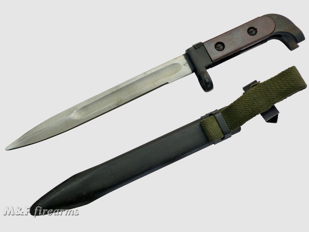 Bulgarisches Bajonett für AK 47 mit Webbing-Koppelschlaufe & Leder-Sicherungsriemen, nicht passend für AKM, AK 74 und alle AK-Modelle mit Bajonetthaft